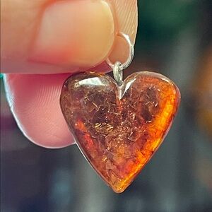 Vintage Carved Amber Heart Silver Necklace Pendant Charm